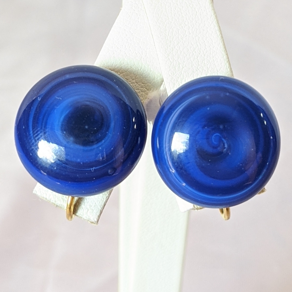 Vintage New House Blue Swirl & Gold Clip Earrings